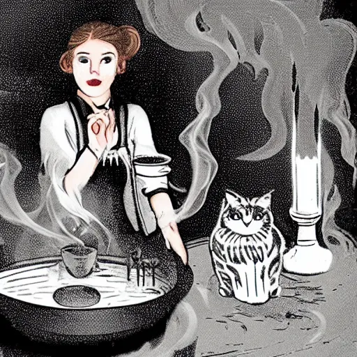 Image similar to teen witch mixing a spell in a cauldron, wispy smoke, studio lighting, a tabby cat watches her work, light is coming out of the cauldron, ingredients on the table, apothecary shelves in the background, still from the tv show just add magic