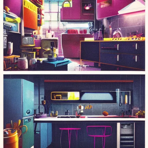 Prompt: IKEA catalogue photo of a cyberpunk kitchen, by Paul Lehr