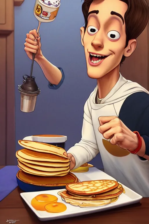 Image similar to pete davidson making pancakes, animation pixar style, by pendleton ward, magali villeneuve, artgerm, rob rey and kentaro miura style, golden ratio, trending on art station