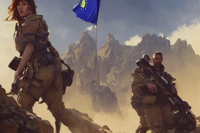 Image similar to border guards surprised to discover eu flag, realistic painting, symmetrical, highly detailed, digital painting, artstation, concept art, smooth, sharp focus, illustration, cinematic lighting, art by artgerm and greg rutkowski and alphonse mucha