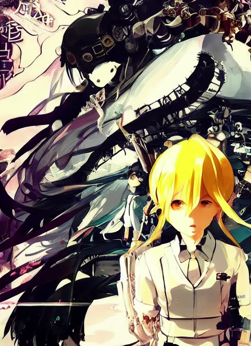 Image similar to JRPG game poster, luxury advertisement, yellow filter. Clean and detailed post-cyberpunk sci-fi close-up schoolgirl in asian city in style of cytus and deemo, blue flame, relaxing, calm and mysterious vibes, by Tsutomu Nihei, by Yoshitoshi ABe, by Ilya Kuvshinov, by Greg Tocchini, nier:automata, set in half-life 2, Matrix, GITS, Blade Runner, Neotokyo Source, Syndicate(2012), dynamic composition, beautiful with eerie vibes, very inspirational, very stylish, with gradients, surrealistic, dystopia, postapocalyptic vibes, depth of field, mist, rich cinematic atmosphere, perfect digital art, mystical journey in strange world, beautiful dramatic dark moody tones and studio lighting, shadows, bastion game, arthouse