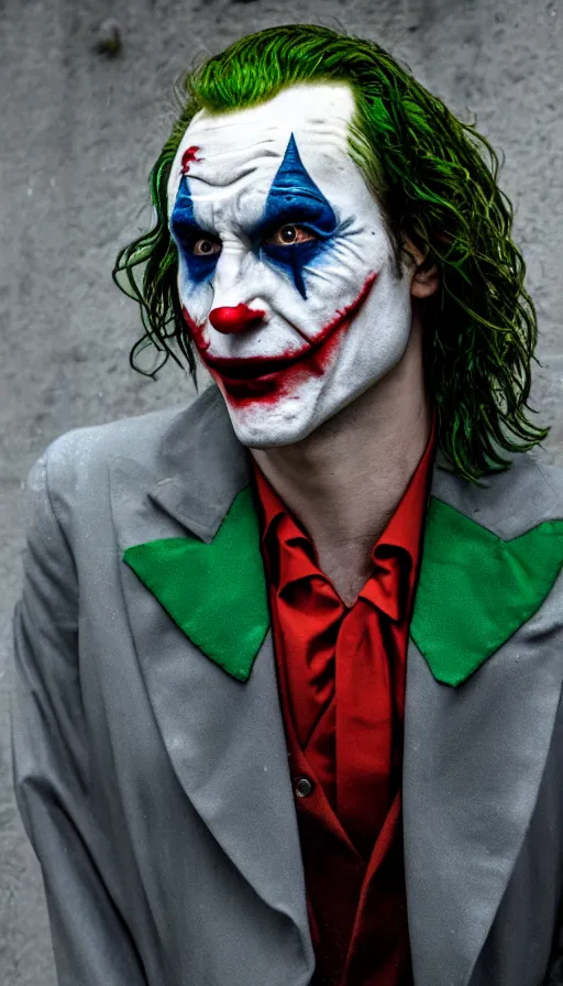 Image similar to joaquin pheonix as the joker, in the rain