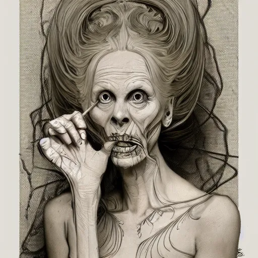 Prompt: beautiful lifelike award winning pencil illustration of scary vivienne westwood as an eldritch horror lovecraftian trending on art station artgerm greg rutkowski alphonse mucha museum quality cinematic atmospheric