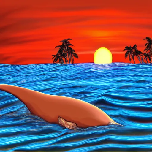Prompt: hawaii sunset, 3d digital painting, vibrant, orange tint, whales in water