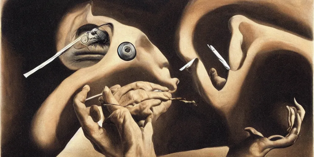 Prompt: a man removing a nail from his third eye by dali