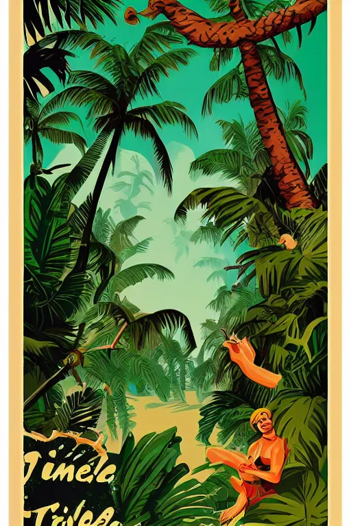 Image similar to vintage poster, jungle travel adventure, illustration, vector art, retro