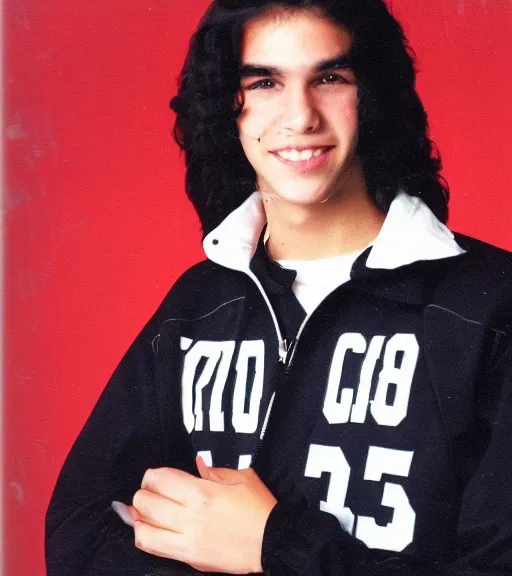 Prompt: 1 9 8 0 s highschool guy with long black hair, sports bomber jack, popular, yearbook photo