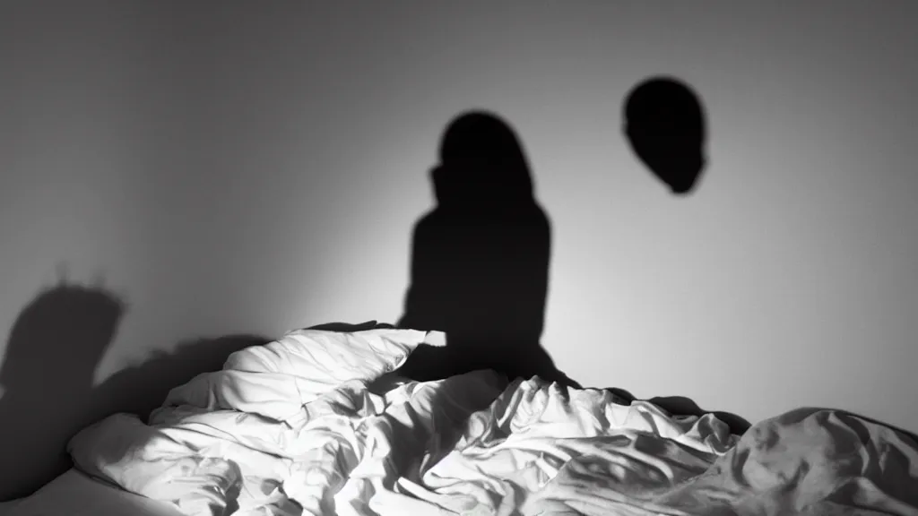 Image similar to movie still of girl having sleep paralysis and a shadow watching, cinematic composition, cinematic light, criterion collection, by nightmare