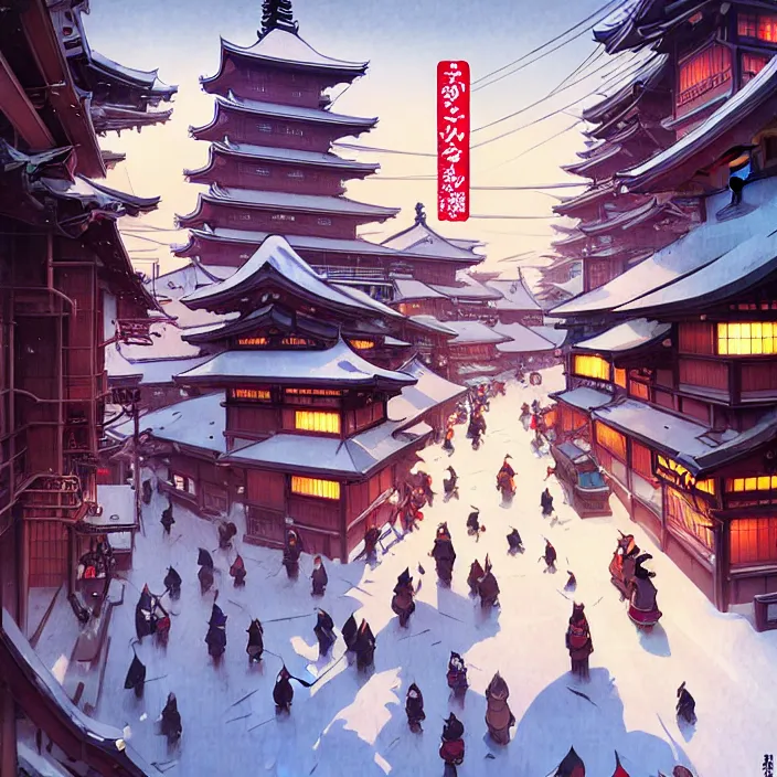 Image similar to japanese big city, winter, in the style of studio ghibli, j. c. leyendecker, greg rutkowski, artem