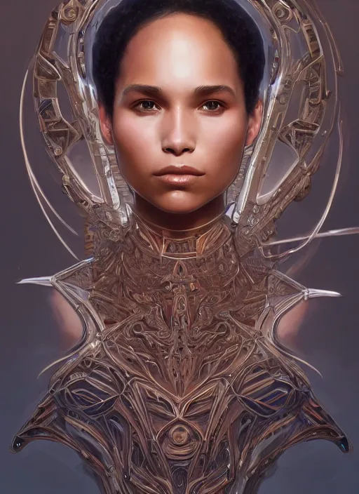 Image similar to champion splashart of symmetry!! zoe kravitz, machine parts embedded into face, intricate, elegant, highly detailed, digital painting, artstation, concept art, smooth, sharp focus, illustration, art by artgerm and greg rutkowski and alphonse mucha, 8 k