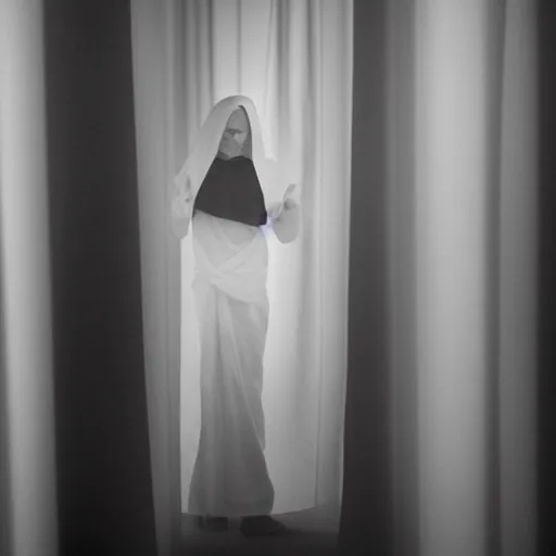 Image similar to nightmare vision, black and white, award winning photo, levitating twin nuns, wearing translucent sheet, in a sanctuary, hallways, eerie, frightening —width 1024 —height 1024