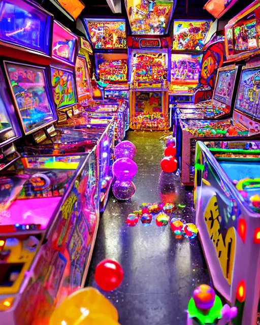 Image similar to crowded city made of arcade machines and buildings made of candy, cute elaborate epic robot, candy colors, pinball machine parts, symmetrical, bubbles everywhere, video game consoles, colored wires, translucent, clear parts, detailed by pokedstudio