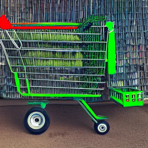 Prompt: a glossy product photograph of a shopping cart with monster truck wheels and large exhaust pipes. subtle green backlighting. wide shot. intricate detail. hyper realistic.