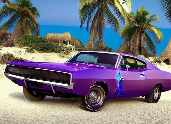 Image similar to hyperrealism, detailed textures, photorealistic 3 d render, a dreamy beach in cuba, a 1 9 7 0 hemi charger with plum crazy purple colour scheme, sharp focus, ultra realistic, ultra high pixel detail, cinematic, intricate, cinematic light, concept art, illustration, art station, unreal engine 8 k