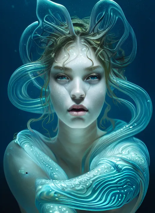 Prompt: an underwater photographic beauty portrait of an anthropomorphic bioluminescent liquid wave, dramatic murky volumetric lighting, fantasy, intricate, elegant, highly detailed, digital painting, artstation, concept art, smooth, sharp focus, illustration, art by artgerm and h r giger and alphonse mucha