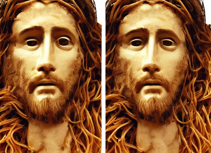 Image similar to spaghetti jesus, detailed facial expressions