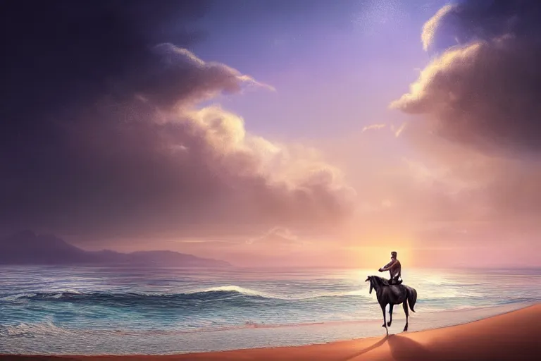 Image similar to photo of man riding a horse along the beach, glowing underwater waves toward a lighthouse in the distance guiding his way, silhouette, wide horizon, large white clouds, night, intricate, elegant, highly detailed, digital painting, artstation, concept art, smooth, sharp focus, illustration, art by artgerm and greg rutkowski and fra angelico