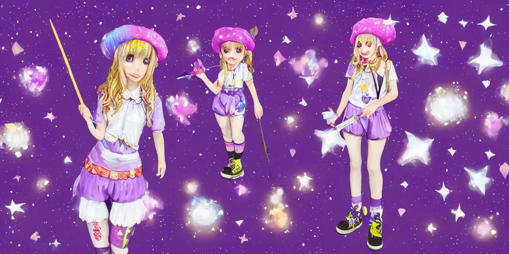 Prompt: A character sheet of a magical girl holding a paintbrush with short blond hair and freckles wearing an oversized purple Beret, Purple overall shorts, jester shoes, and white leggings covered in stars. Rainbow accents on outfit. Concept Art painting. By ZaZa. By WLOP. Decora. harajuku fashion