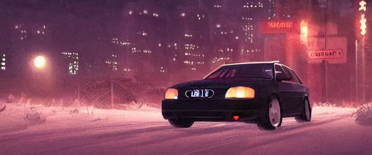 Image similar to Audi A4 B6 Avant (2002), a gritty neo-noir, dramatic bright lighting, cinematic, establishing shot, extremely high detail, photorealistic, cinematic lighting, artstation, by simon stalenhag, Max Payne (PC) (2001) winter new york at night