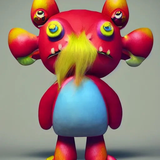 Image similar to A stuffy little cute monster with long hairs，by takashimurakami,TOMOKAZU MATSUYAMA，featured on artstation，blender rendered