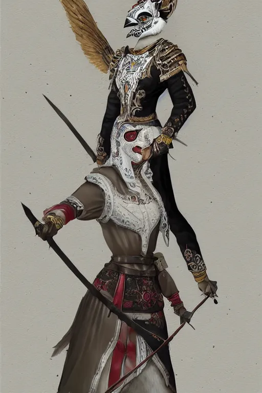 Prompt: female adventurer in tight full - body white embroidered leather armor of vyshyvanka design and a white porcelain crow mask, trending in artstation, ukrainian, establishing shot