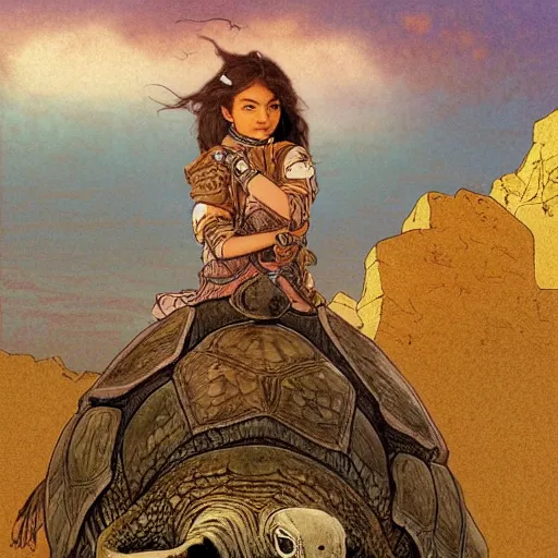 Image similar to a little warrior girl sitting on top of a giant turtle that is walking in the desert, seen from a distance. the girl is fully visible and has dark skin, realistic full body and a very beautiful detailed face with long black hair. diffuse light, dramatic sky and landscape, fantasy illustration by mucha