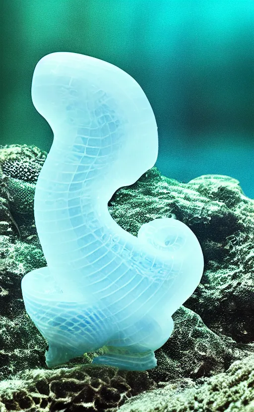 Prompt: humanoid sea lizard made of white translucent gelatin, under water, cinematic render, octane renderer