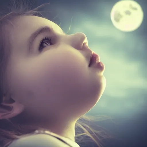 Prompt: face of a young girl looking up in the moon light, ambient lighting, moody, emotive