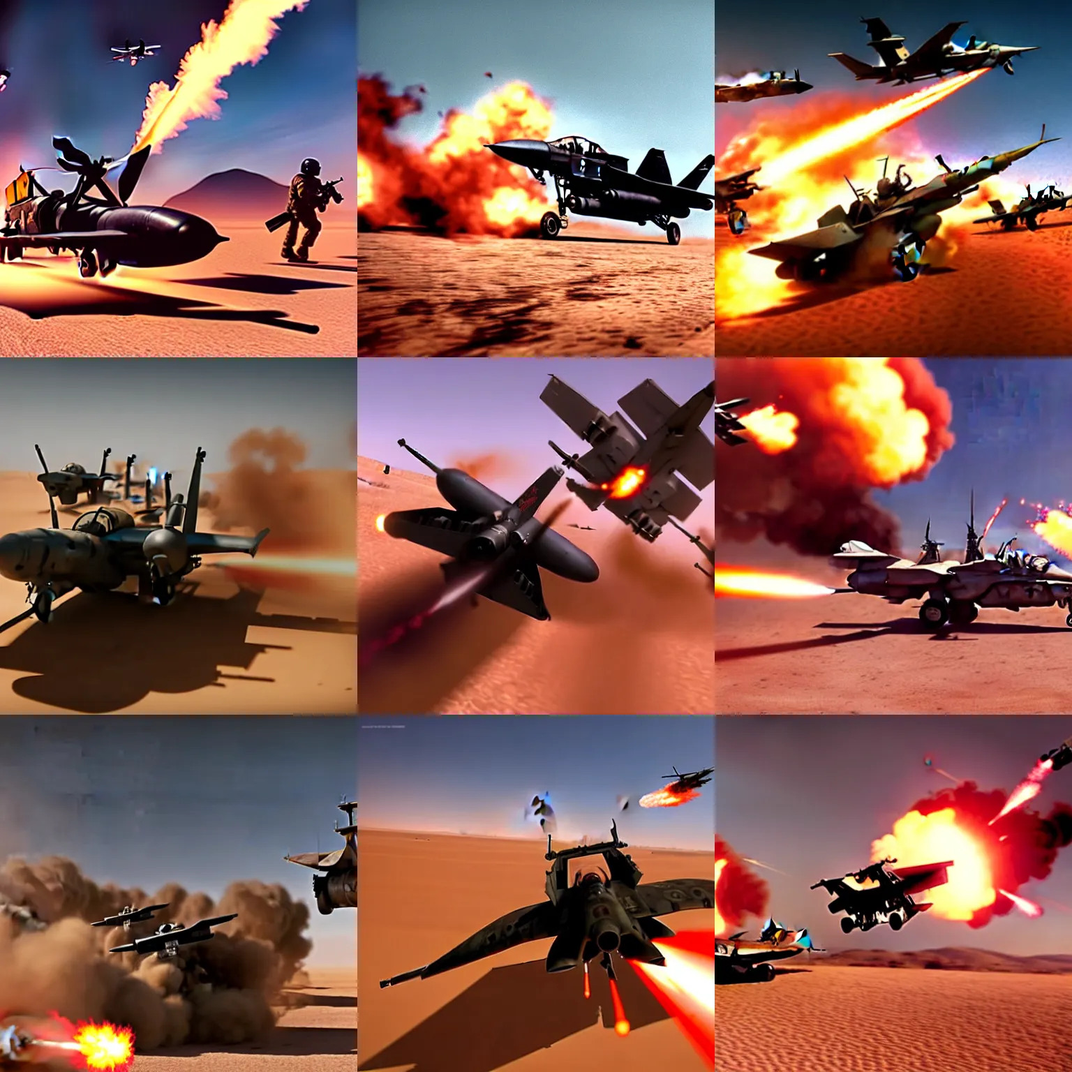 Prompt: a gritty hyperdetailed photorealistic ground attack aircraft shooting a gatling gun at a small group of vehicles in the desert, cinematic framing, cinematatic lighting, cinematic shadows, in the style of top gun maverick