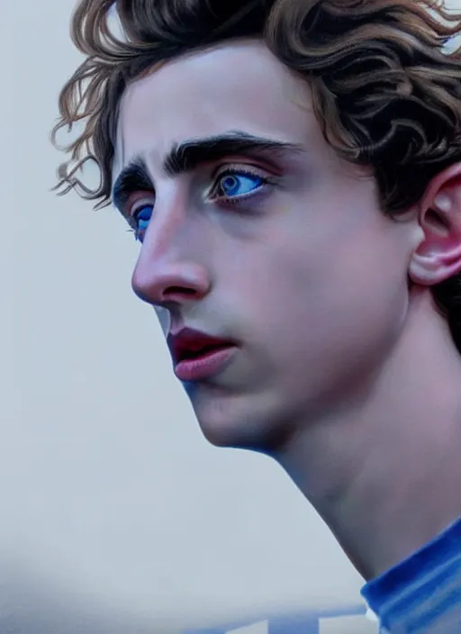 Prompt: hyperrealistic close-up TIMOTHEE CHALAMET with long BLONDE hair & blue eyes! highly detailed concept art eric zener elson peter cinematic hard blue lighting high angle hd 8k sharp shallow depth of field, inspired by David Paul Cronenberg and Zdzisław Beksiński