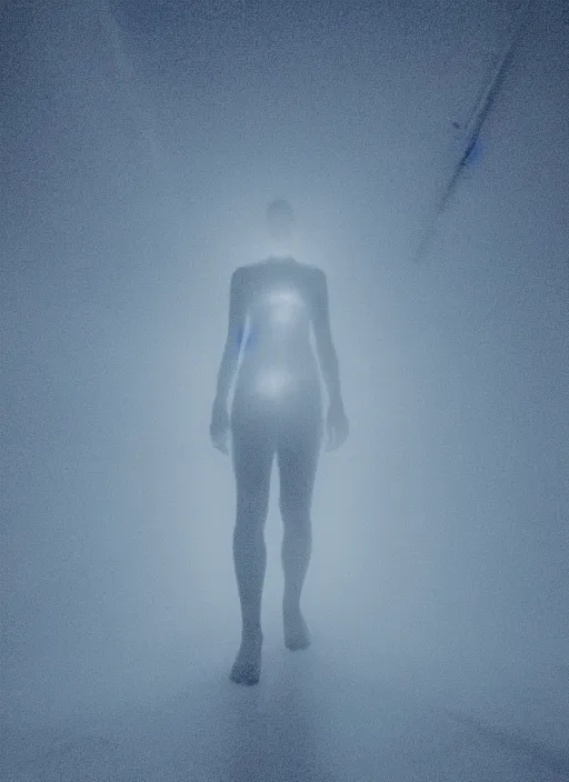 Prompt: crystallized human entity silhouette, large diffused glowing aura, long exposure, film grain, cinematic lighting, maximum detail