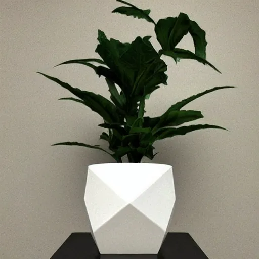 Image similar to pot plant levitating white geometric pot beautiful fororealistic art featured on artstation