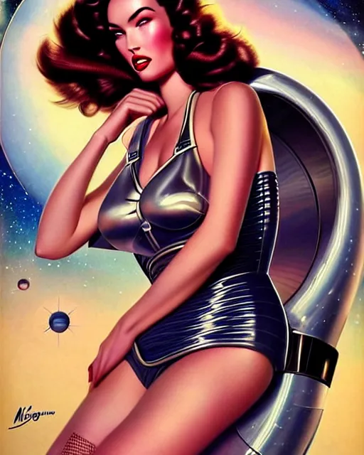 Prompt: beautiful retro space megan fox varga girl posing on a chrome space ship in diesel punk city, windblown dark hair, retro pinup model, seductive, 1 9 4 0, hyper detailed, digital art, smooth, sharp focus, gil elvgren, anna dittmann,