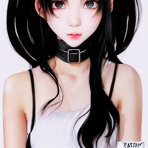 Image similar to realistic detailed semirealism beautiful gorgeous natural cute excited happy Blackpink Lalisa Manoban black hair black cat ears, wearing white camisole outfit, headphones, black leather choker artwork drawn full HD 4K high resolution quality artstyle professional artists WLOP, Aztodio, Taejune Kim, Guweiz, Pixiv, Instagram, Artstation