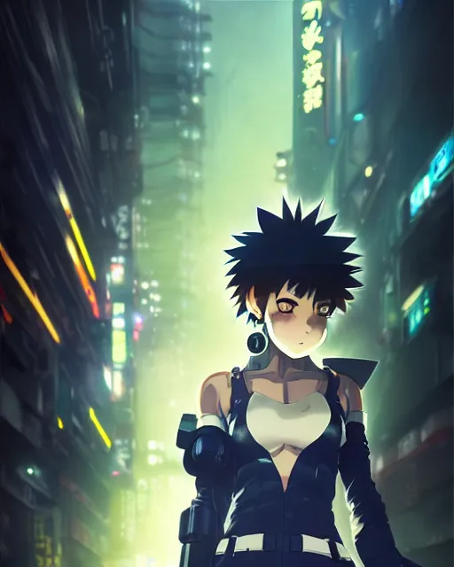 Image similar to portrait of anime girl in mechanic armor in night tokyo by makoto sinkai, my hero academia,cyberpunk, greg rutkowski, perfect face, fine details