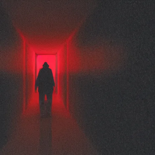 Image similar to photograph of an extremely dark narrow hallway with glowing humanoid cryptid made out of television static, dark deep black shadows, red and black color contrast in the style of trevor henderson, liminal space, 3 d octane render, glitch effect