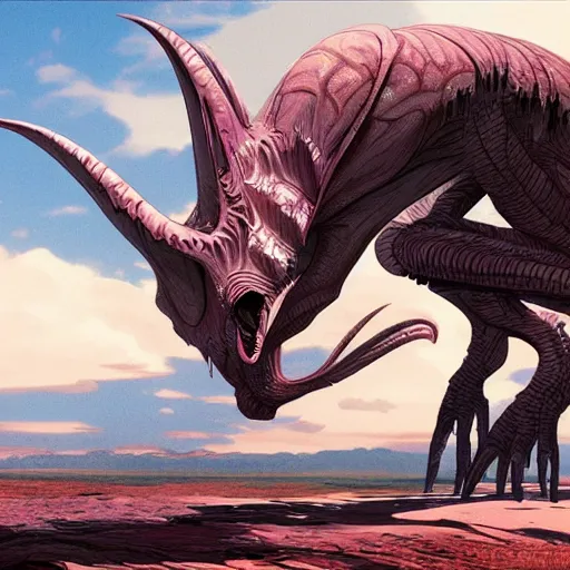 Image similar to concept art painting of an alien animal creature, detailed, cel shaded, in the style of makoto shinkai and moebius and wayne barlowe and james gurney