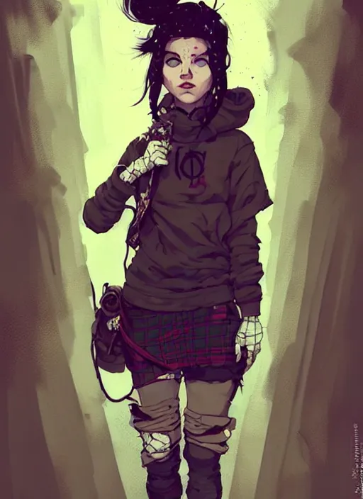 Image similar to highly detailed portrait of a sewer punk lady, tartan hoody, white ringlet hair by atey ghailan, by greg rutkowski, by greg tocchini, by james gilleard, by joe fenton, by kaethe butcher, gradient peach, brown, blonde cream and white color scheme, grunge aesthetic!!! ( ( graffiti tag wall background ) )