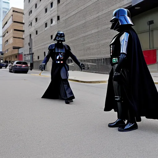 Image similar to darth vader waling on the streets of winnipeg