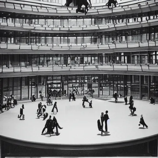 Prompt: mysterious photograph of people levitating in a large atrium
