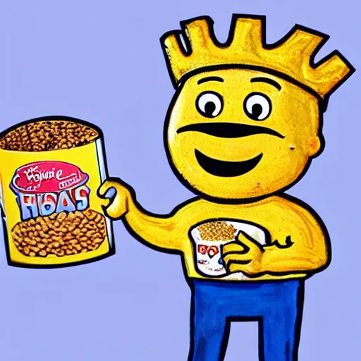 Image similar to cereal box with a wheat mascot wearing a crown