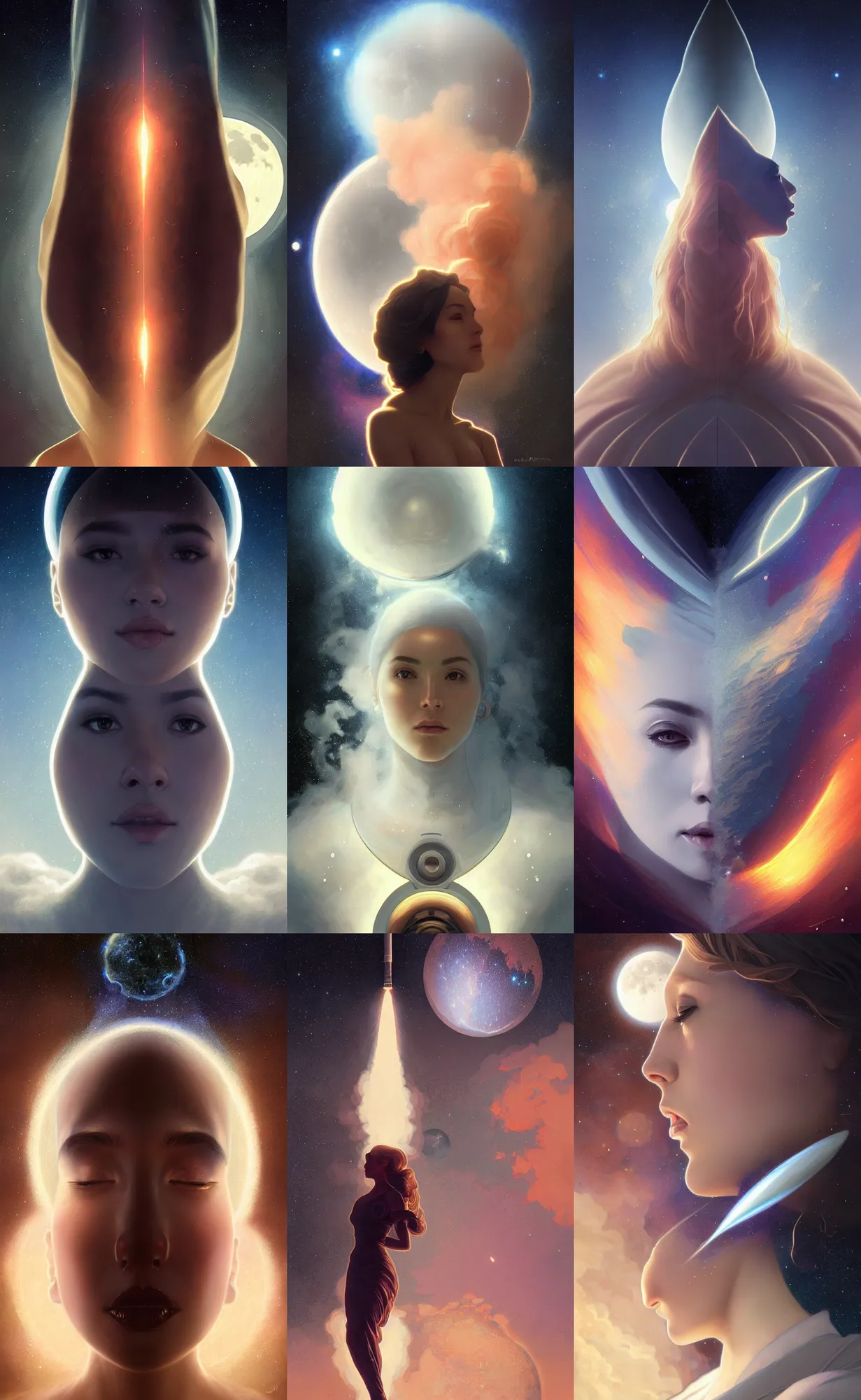 Prompt: symmetry!! ultra realistic portrait of smoke from rocket launch!! moon and galaxy in background!, intricate, elegant, highly detailed, digital painting, artstation, concept art, smooth, sharp focus, illustration, art by artgerm and ross tran and greg rutkowski and alphonse mucha, 8 k