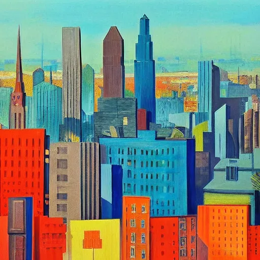 Prompt: A beautiful painting of a cityscape. The different colors and shapes represent different parts of the city. cool orange, light blue, Google by Igor Morski, by Walt Disney, by Ben Shahn
