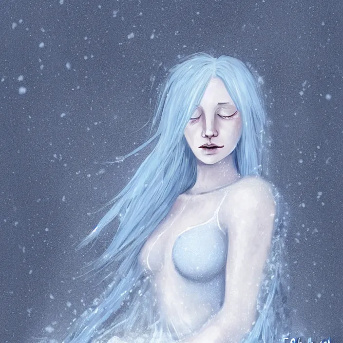 Prompt: full body portrait of a woman dying of hypothermia, with very white skin and pale blue hair wearing a long white dress made out of snowflake in the middle of a heavy snowstorm. sickly looking. digital art by maromi sagi