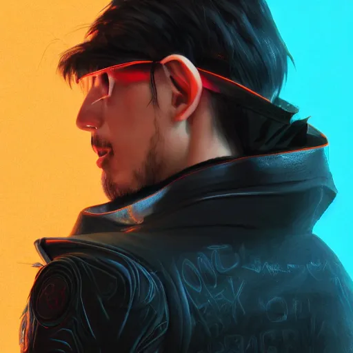 Image similar to rimuru tempest as ilya kovshinov, highly detailed, professional digital painting, concept art, extreme illustration, unreal engine 5, photorealism, hd quality, 8 k, black jacket with high collar, cinematic, art by andy warhol, artgerm, yoshitaka amano, color block