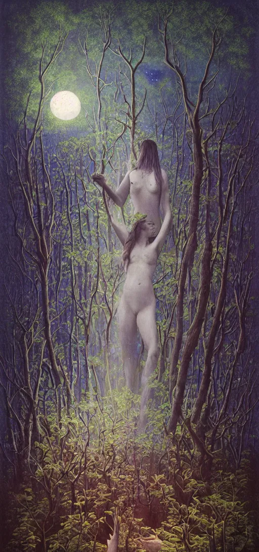 Image similar to painterly dreamy Kupala Night in the blue forest with trees which have eyes, giant flowers, glowing owls, deers, women, lianas, thistles, giant fantasy creatures, a stream and sky with moon and stars by Beksinski, Alex Grey, Aron Wiesenfeld and Giger dark fantasy, witcher, very detailed oil painting in the alla prima style, masterpiece, 8k