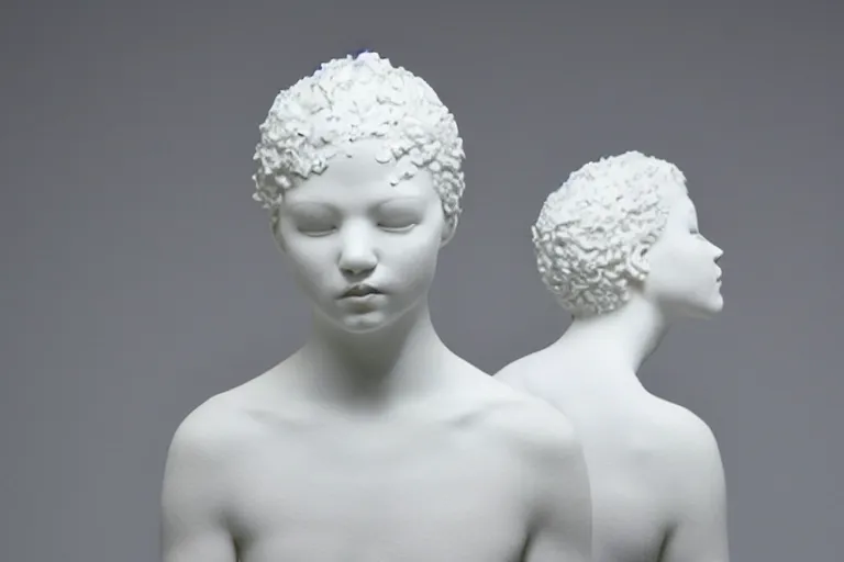 Prompt: full head and shoulders, beautiful female porcelain sculpture by daniel arsham and james jean, smooth, all white features on a white background, delicate facial features, white eyes, white lashes, detailed white, lots of 3 d giant twisting flower hair