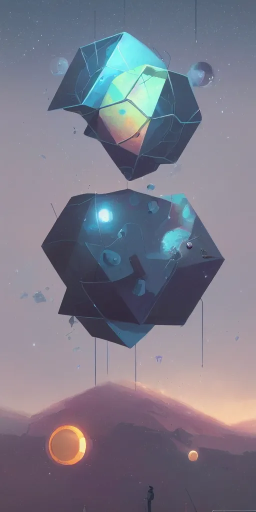 Image similar to greg rutkowski, beeple, a painting by ralph mcquarrie of floating molecules and icosahedron with stars, clouds, and rainbows in the background, trending on artstation, masterpiece, incredible details