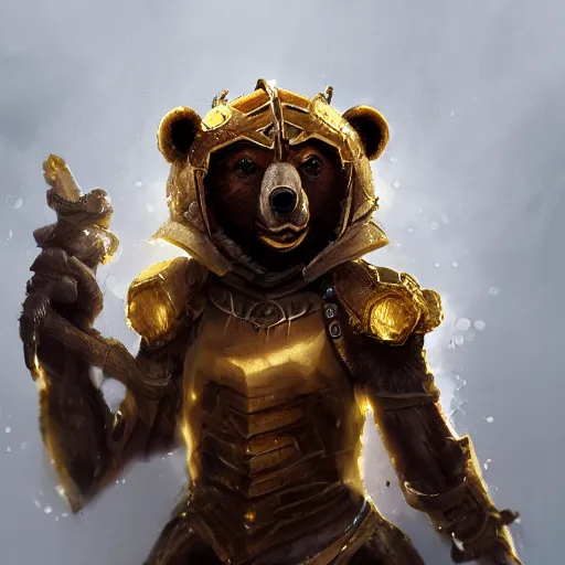 Prompt: A bear spider mage in golden armor, high detail, sharp, digital art trending on artstation