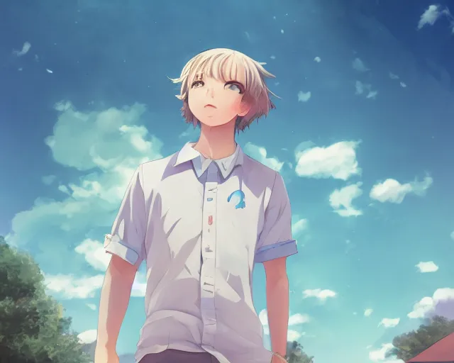 Prompt: teen looking at blue sky, wearing white collared shirt, back turned, looking up, illustration, by pine ( ハイネ ) and 薯 子 imoko and 香 川 悠 作 and wlop and maya takamura, highly detailed, trending artstation, pixiv, digital art